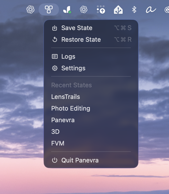 Mac menu bar with Panevra's context menu open, captured from the running app