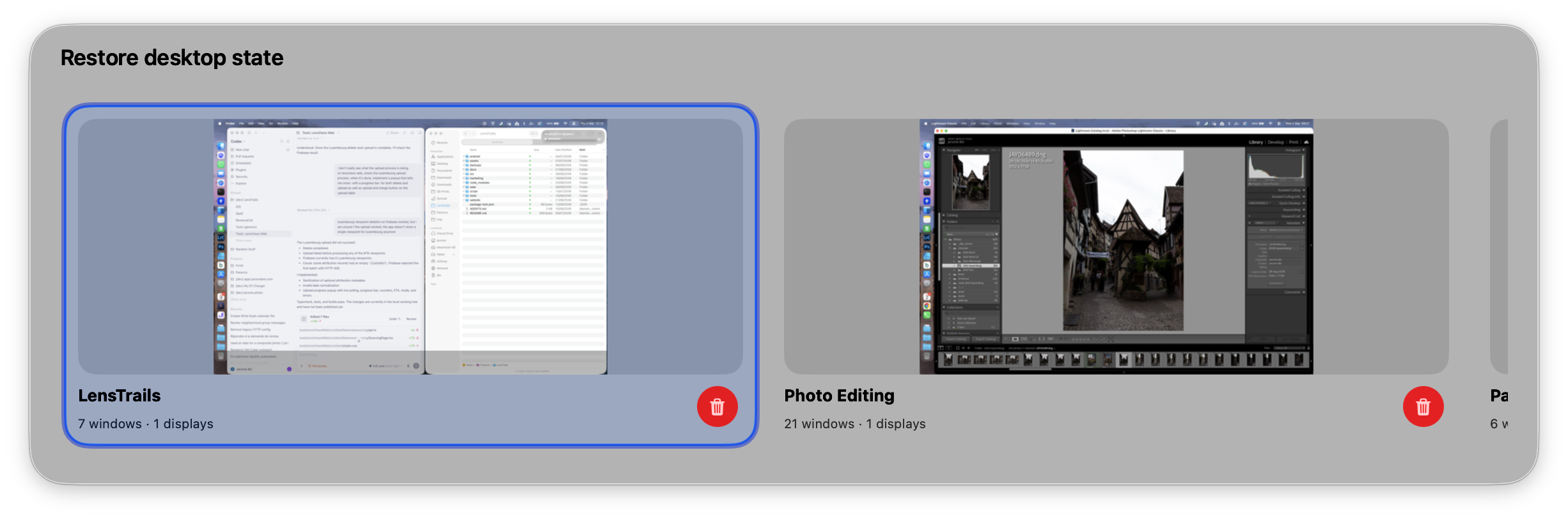 Panevra Restore desktop state screen showing real saved desktop previews